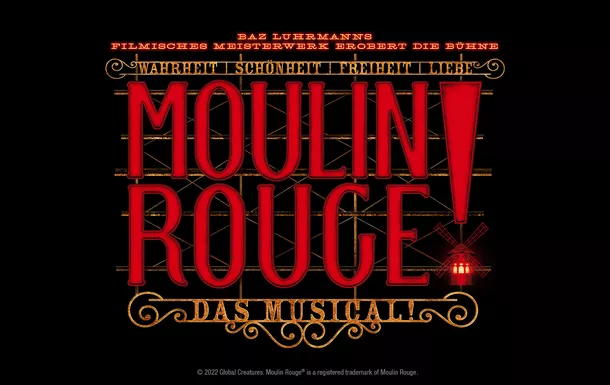Logo des Musicals Moulin Rouge in Köln, künstlerisches Key Visual mit stilisiertem Schriftzug.