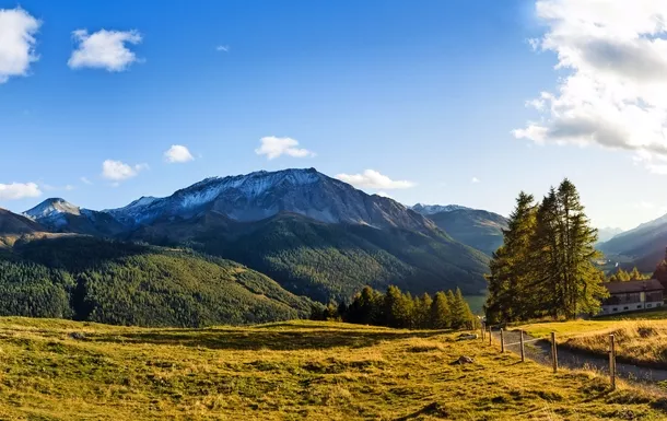 Berglandschaft mit Wiesen, Bäumen und klarem Himmel bei Sonnenschein.